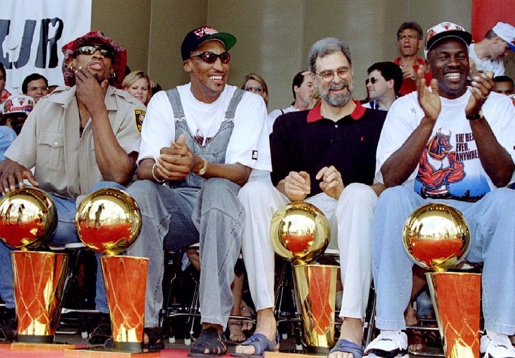 Rodman, Pippen, Jackson y Jordan en 1996